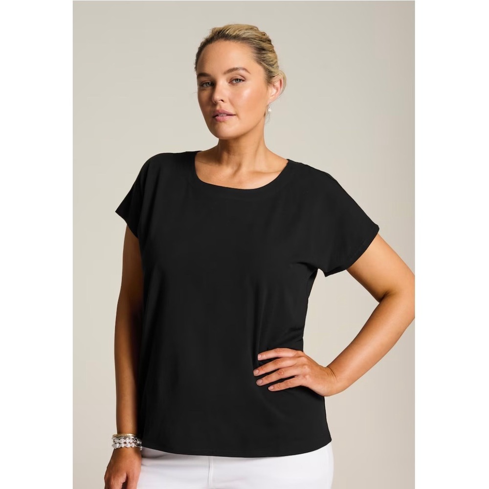 J. Jill Back Pleat Luxe Supima Scoop Neck Tee Womens L Black Cap Sleeve NWT